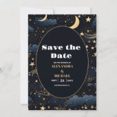 Celestial Midnight Blue Sterren Maan Bruiloft Save The Date (Voorkant)