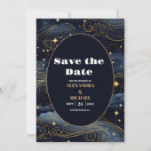 Celestial Midnight Blue Sterren Maan Bruiloft Save The Date (Voorkant)
