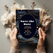 Celestial Midnight Blue Sterren Maan Bruiloft Save The Date