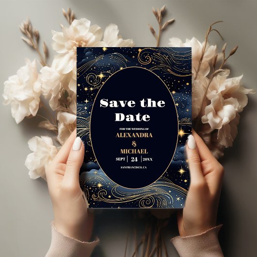 Celestial Midnight Blue Sterren Maan Bruiloft Save The Date