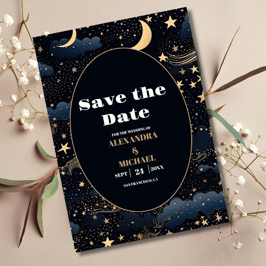 Celestial Midnight Blue Sterren Maan Bruiloft Save The Date