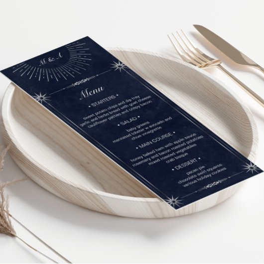 Celestial Midnight Blue Zilver Bruiloft Diner Menu Kaart