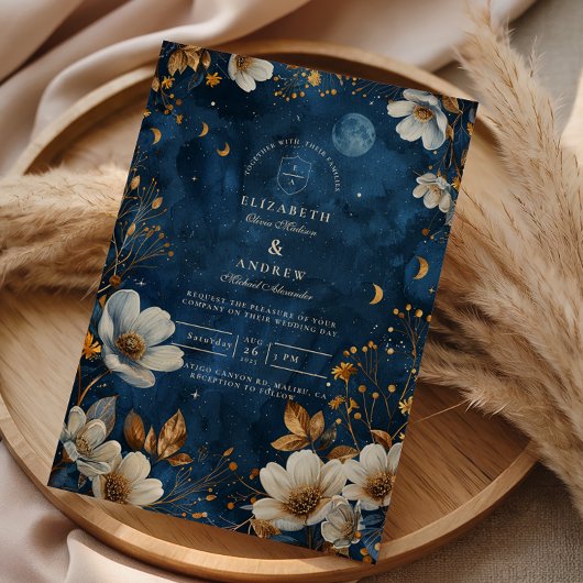 Celestial Midnight Floral Wedding Kaart