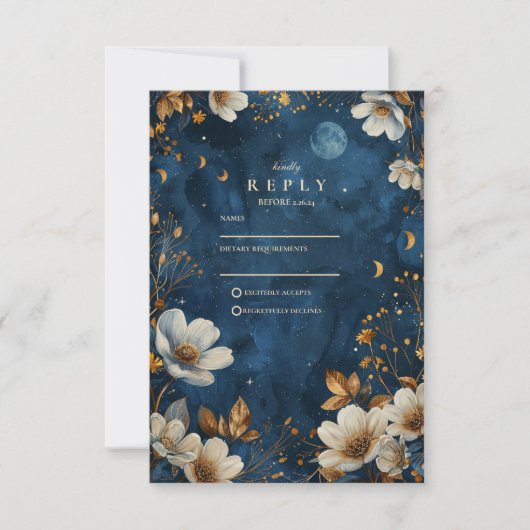 Celestial Midnight Floral Wedding RSVP Kaartje (Voorkant)