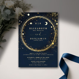Celestial Midnight Gold Monograms Elegant Wedding Folie Uitnodiging