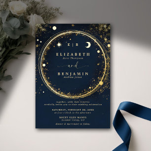 Celestial Midnight Gold Monograms Elegant Wedding Folie Uitnodiging