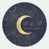 Celestial Midnight Gold Moon Bruiloft Ronde Sticker (Voorkant)