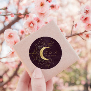 Celestial Midnight Gold Moon Bruiloft Ronde Sticker