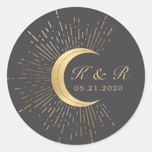 Celestial Midnight Gold Moon Bruiloft Ronde Sticker (Voorkant)