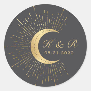 Celestial Midnight Gold Moon Bruiloft Ronde Sticker