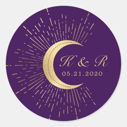 Celestial Midnight Gold Moon Bruiloft Ronde Sticker (Voorkant)