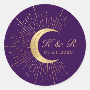 Celestial Midnight Gold Moon Bruiloft Ronde Sticker
