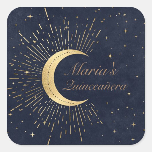 Celestial Midnight Gold Moon Quinceañera Vierkante Sticker (Voorkant)