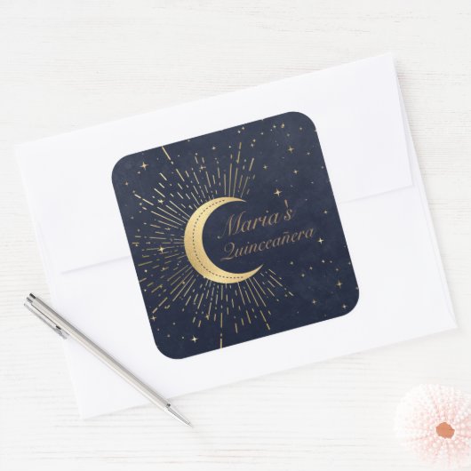 Celestial Midnight Gold Moon Quinceañera Vierkante Sticker (Envelop)