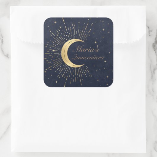 Celestial Midnight Gold Moon Quinceañera Vierkante Sticker (Tas)