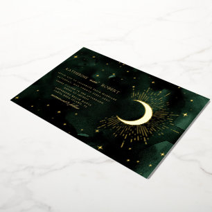Celestial Midnight Groen Goud Sterren Bruiloft Folie Uitnodiging