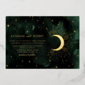 Celestial Midnight Groen Goud Sterren Bruiloft Folie Uitnodiging (Voorkant)