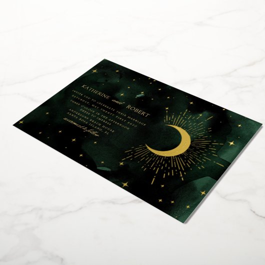 Celestial Midnight Groen Goud Sterren Bruiloft Folie Uitnodiging (Gedraaid)