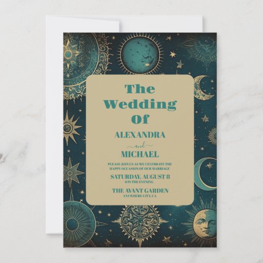 Celestial Midnight Groen Goud Sterren Bruiloft Kaart (Voorkant)