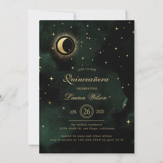 Celestial Midnight Groen Gouden Sterren Quinceaner Kaart (Voorkant)