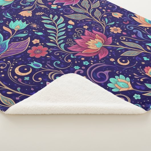 Celestial Midnight Lotus Floral Pattern Blanket Sherpa Deken (3/4)