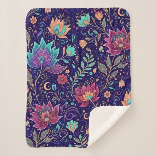 Celestial Midnight Lotus Floral Pattern Blanket Sherpa Deken (Voorkant)