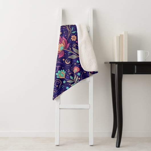 Celestial Midnight Lotus Floral Pattern Blanket Sherpa Deken (In situ)