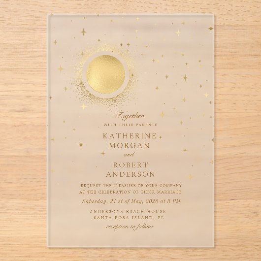 Celestial Midnight Moon Wedding Acryl Uitnodigingen (Voorkant)