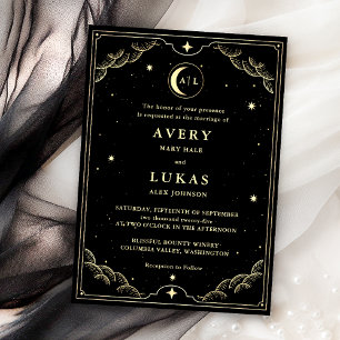 Celestial Midnight Sky Black Gold Wedding Kaart