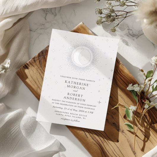 Celestial Midnight Stars Maan Bruiloft Folie Uitnodiging