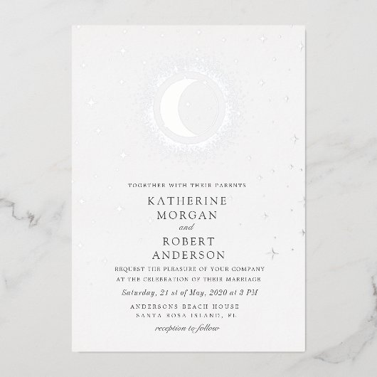 Celestial Midnight Stars Maan Bruiloft Folie Uitnodiging (Voorkant)