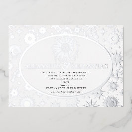 Celestial Midnight Sterren Maan Zon Bruiloft Zilve Folie Uitnodiging