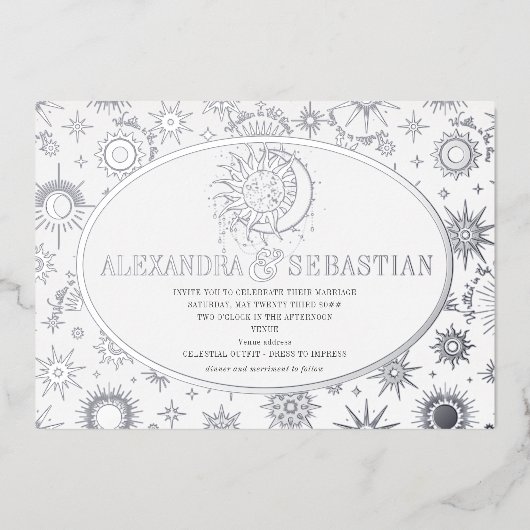 Celestial Midnight Sterren Maan Zon Bruiloft Zilve Folie Uitnodiging (Voorkant)