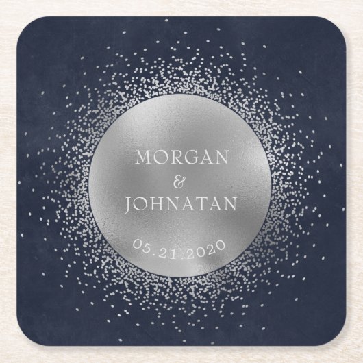 Celestial Midnight Zilveren Maan Bruiloft Kartonnen Onderzetters (Voorkant)
