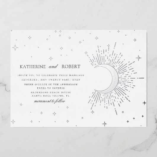 Celestial Midnight Zilveren Sterren Bruiloft Folie Uitnodiging (Voorkant)