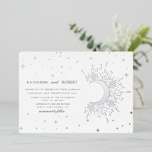 Celestial Midnight Zilveren Sterren Bruiloft Folie Uitnodiging (Staand Voorkant)