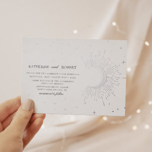Celestial Midnight Zilveren Sterren Bruiloft Folie Uitnodiging