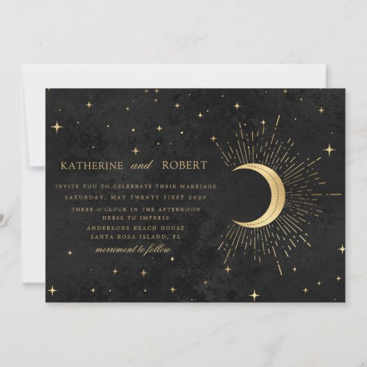 Celestial Midnight Zwart Goud Sterren Bruiloft Kaart (Voorkant)