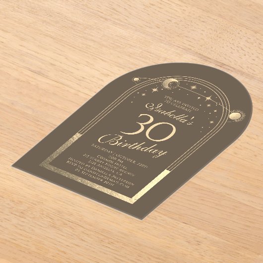 Celestial Mocha Gouden Zon Maan Sterren 30e Verjaa Acryl Uitnodigingen (Laagn)