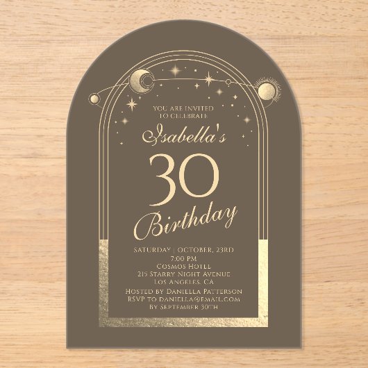 Celestial Mocha Gouden Zon Maan Sterren 30e Verjaa Acryl Uitnodigingen (Voorkant)