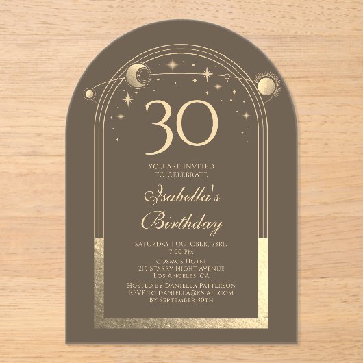 Celestial Mocha Gouden Zon Maan Sterren 30e Verjaa Acryl Uitnodigingen (Voorkant)