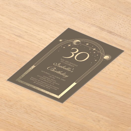 Celestial Mocha Gouden Zon Maan Sterren 30e Verjaa Acryl Uitnodigingen (Laagn)