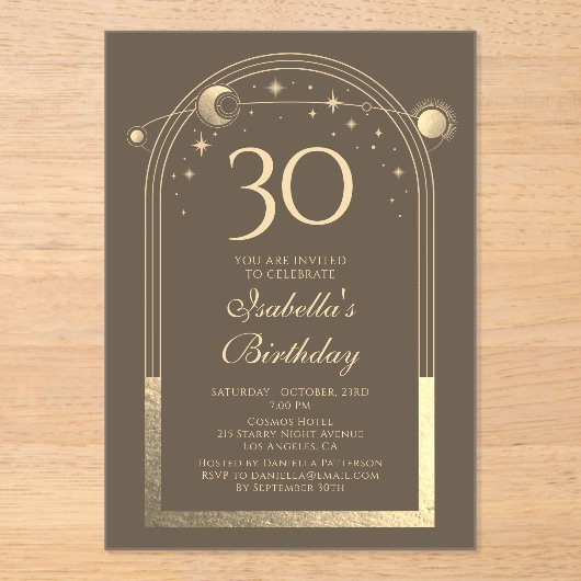 Celestial Mocha Gouden Zon Maan Sterren 30e Verjaa Acryl Uitnodigingen (Voorkant)