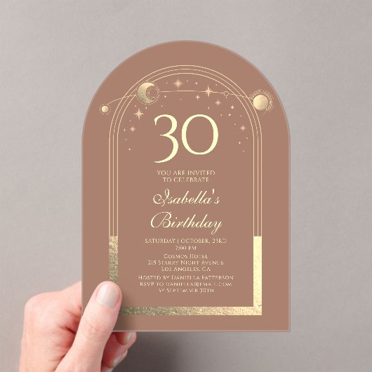 Celestial Mocha Gouden Zon Maan Sterren 30e Verjaa Acryl Uitnodigingen (Insitu (Draagbaar))