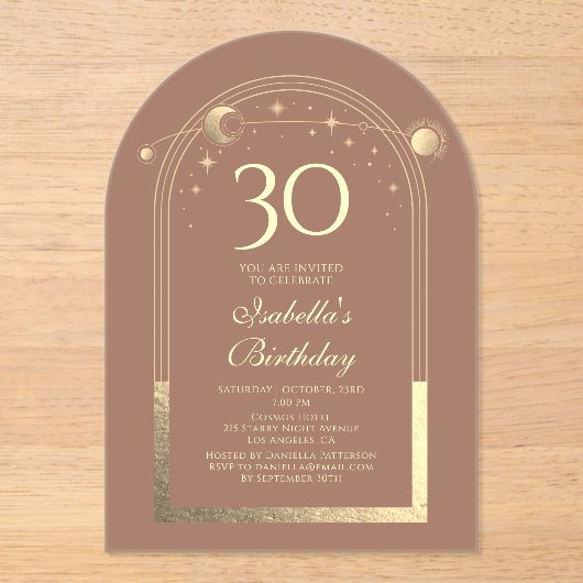 Celestial Mocha Gouden Zon Maan Sterren 30e Verjaa Acryl Uitnodigingen (Voorkant)