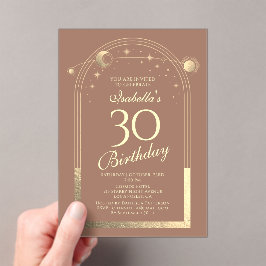 Celestial Mocha Gouden Zon Maan Sterren 30e Verjaa Acryl Uitnodigingen