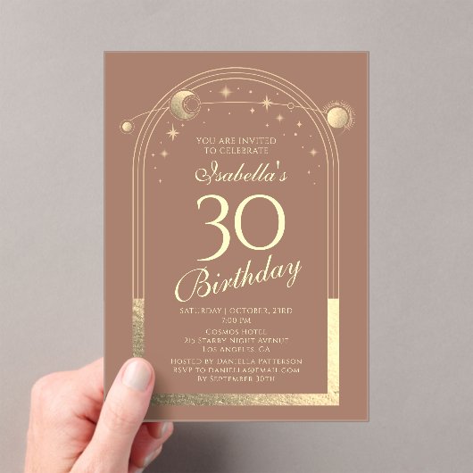 Celestial Mocha Gouden Zon Maan Sterren 30e Verjaa Acryl Uitnodigingen (Insitu (Draagbaar))