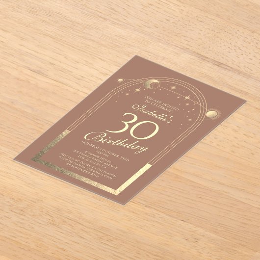 Celestial Mocha Gouden Zon Maan Sterren 30e Verjaa Acryl Uitnodigingen (Laagn)