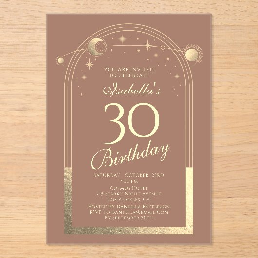 Celestial Mocha Gouden Zon Maan Sterren 30e Verjaa Acryl Uitnodigingen (Voorkant)