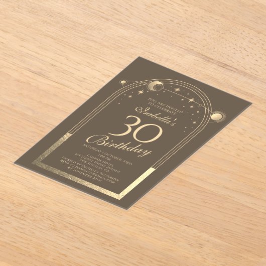 Celestial Mocha Gouden Zon Maan Sterren 30e Verjaa Acryl Uitnodigingen (Laagn)
